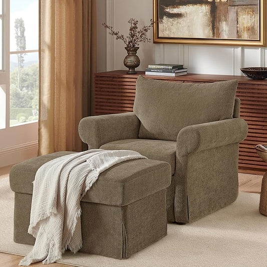Modern Living Room Chairs with Ottoman, Comfy Chenille Reading Armchair with Rolled Arms and Cushion Backrest, 35.8"W Oversized Chaise Lounge Chair for Bedroom, Study, Apartment, Coffee Brown