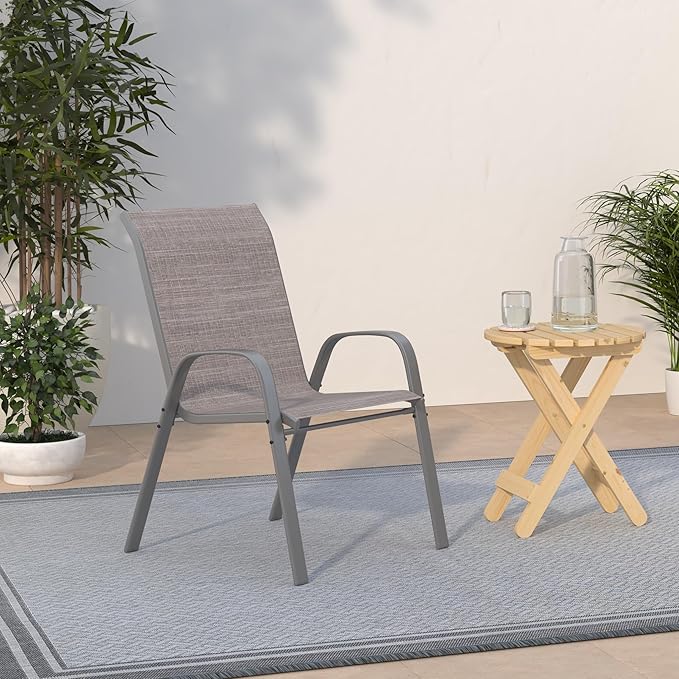 Amopatio Patio Chairs Set of 8, Outdoor Stackable Dining Chairs for All Weather, Breathable Garden Outdoor Furniture for Backyard Deck, Light Brown