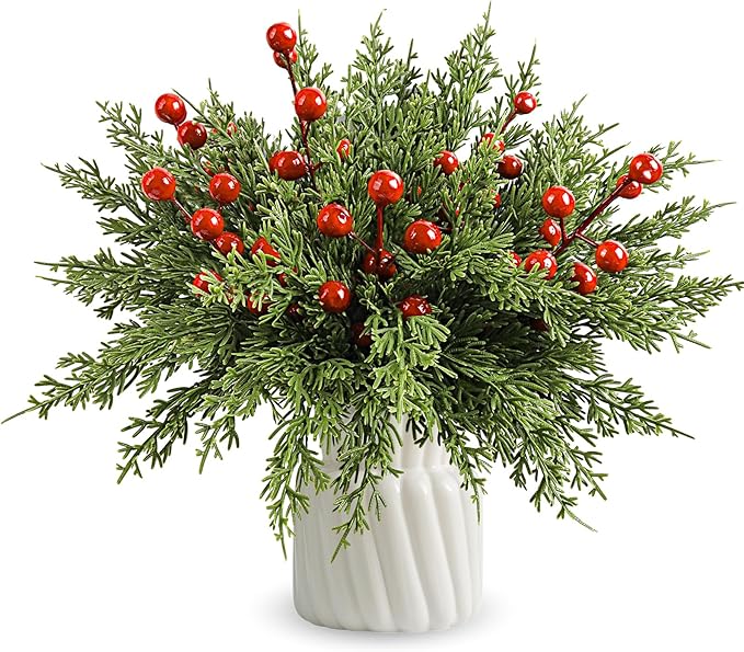 60Pcs Christmas Decorations-Artificial Pine Branches with Red Berry Stems, Christmas Decor Faux Pine Greenery Stems, Christmas Tree Decorations & Christmas Picks for Indoor Outdoor Navidad Decor