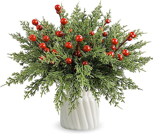 60Pcs Christmas Decorations-Artificial Pine Branches with Red Berry Stems, Christmas Decor Faux Pine Greenery Stems, Christmas Tree Decorations & Christmas Picks for Indoor Outdoor Navidad Decor