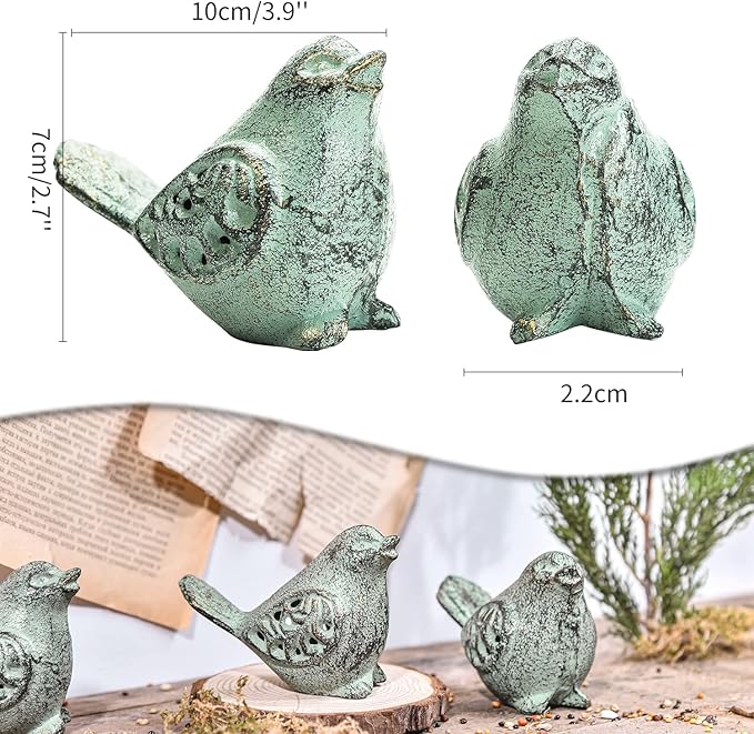 Sungmor Cast Iron Desktop Ornament - Graceful Hollow-Carved Birds Sculpture Home Decoration - Decorative & Lovely Animal Figurine Indoor Outdoor Statues - 2PC Pack & Green Color