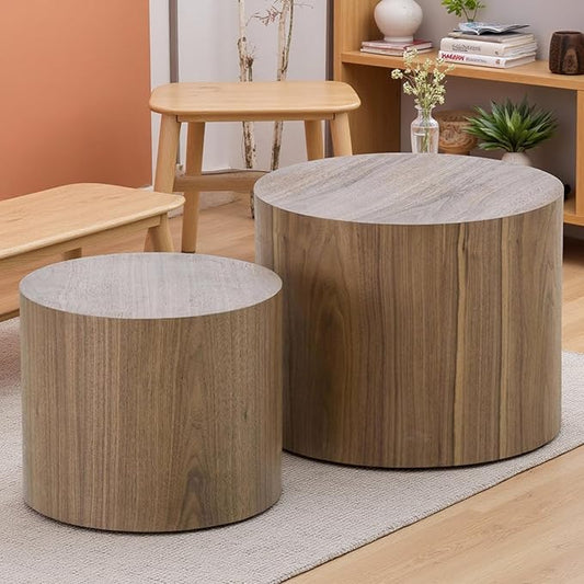 Nesting Coffee Table Set of 2, Modern Round Side Tables with Non-Slip Feet, Walnut Wooden Accent Table, Circle End Tables, Minimalist Table for Small Space Living Room Bedroom Balcony