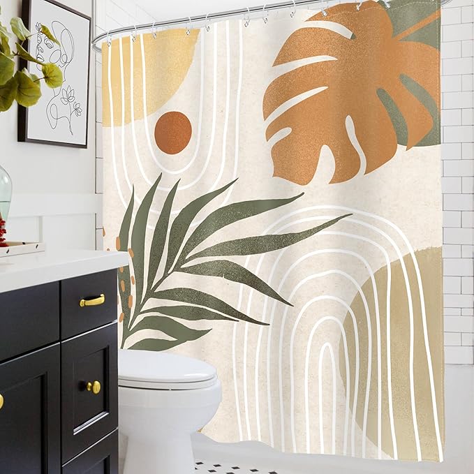 Glawry Beige Green Boho Shower Curtain Mid Century Abstract Plant Tropical Palm Leaf Modern Minimalist Arch Geometric Bathroom 60Wx72L Inches Bath Accessories Art Home Decor Fabric 12 Pack Hooks