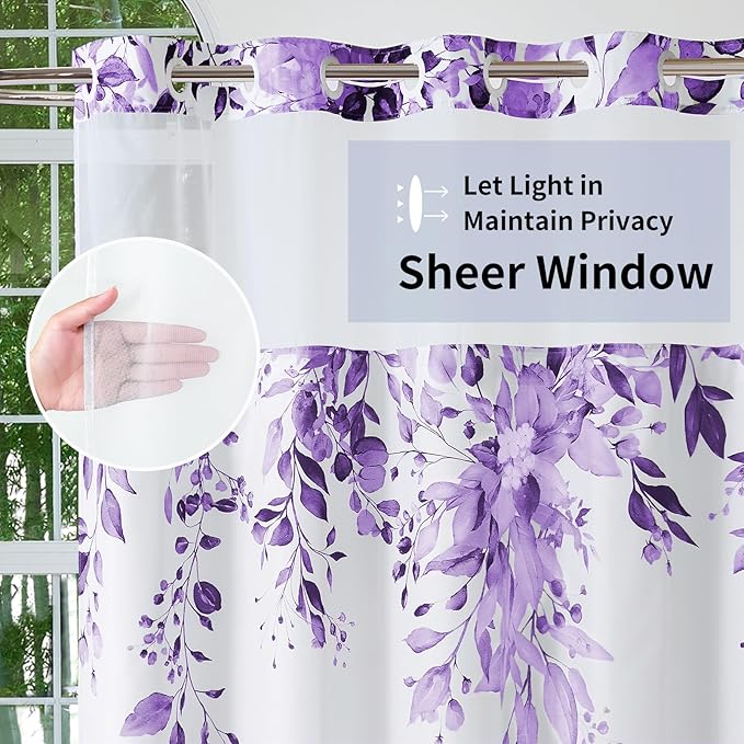 QiyI No Hook Shower Curtain with Snap in Fabric Liner, Purple Eucalyptus Shower Curtain with See Through Top Window, Waterproof Washable Cloth Ringless Shower Curtain Set for Bathroom, 72 x 75