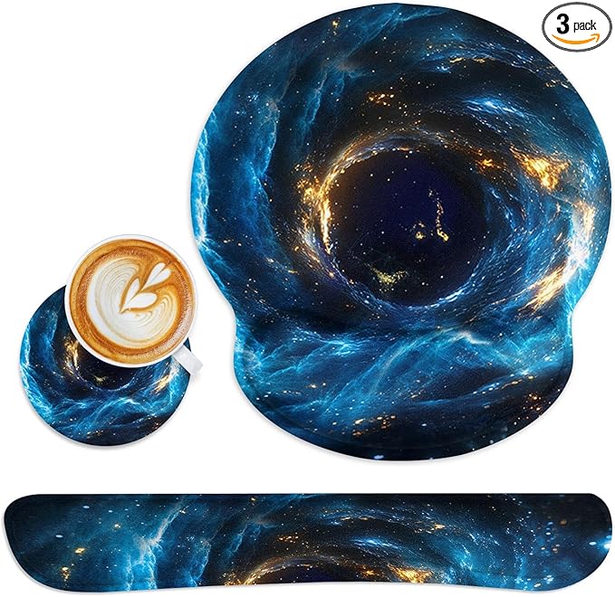 Britimes Blue Black Galaxy Space Mouse Pad 3pcs Set with Wrist Support Non-Slip Rubber Base Ergonomic Pad,Mouse Wrist Cushion Support and Coasters for Home Office Gaming Easy Typing & Pain Relief