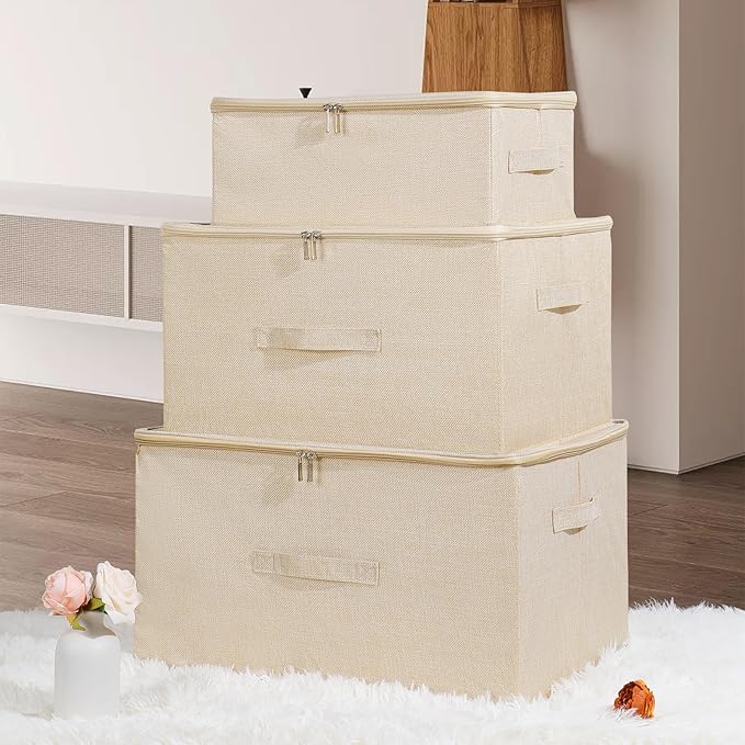 ANMINY 3PCS Storage Bins with Zipper Lids 13 Qt Lidded Fabric Storage Boxes Baskets Cubes with Handles Collapsible Washable Cotton Linen Closet Shelf Clothes Organizer Containers - Beige, Small