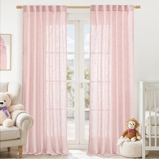 LAMIT Linen Curtains 90 Inch for Living Room, Back Tab and Rod Pocket Linen Textured Farmhouse Curtains Light Filtering Drapes for Bedroom/Dining Room, Pink, Set of 2, 52 x 90 Inch