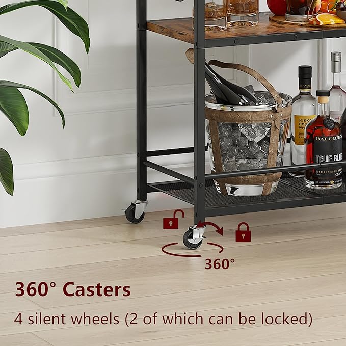 3 Tier Bar Cart, Home Bar Serving Cart with Wheels, Small Rolling Beverage Cart with Glass Holders, Mini Drink Cart with Wine Rack for Kitchen Dining Living Room Rustic Brown GBC507R