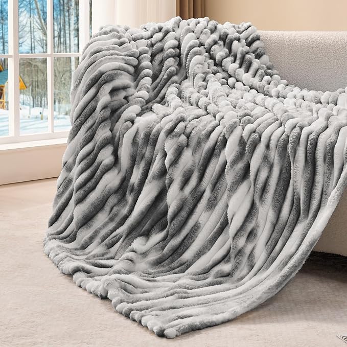 BEDELITE Twin Blanket for Couch & Bed, 300GSM Soft & Warm Fleece Blanket, Decorative and Giftable Striped Tie-dye Grey Blankets for Women, Men, 60"x80"