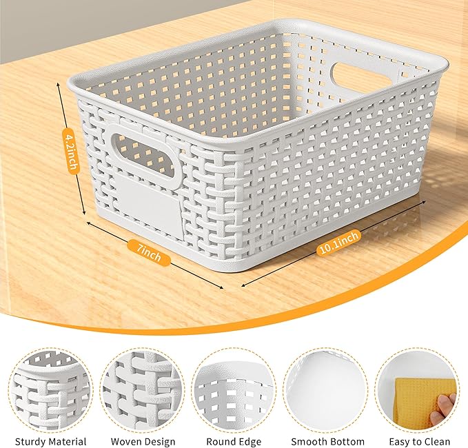 White Plastic Storage Baskets - Pack of 8 with Labels Stackable Durable Storage Bins, Storage Containers for Organizing Desktops, Closets, Playrooms, Classrooms, Offices