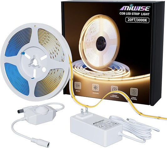 MIWISE COB LED Strip Light 20ft/6.1m,CRI 90+ Warm White 3000K High Lumen Dimmable Super Bright Flexible DC24V LED Tape Light with Controller/Dimmer,for Cabinet Home Office DIY Lighting Projects