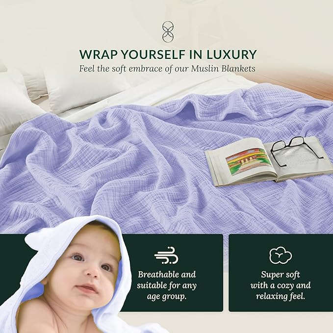 Cloud Scape Linen Extra Large 4 Layer Muslin Throw Blanket - 100% Cotton Gauze, Lightweight & Breathable All Season, Pre-Washed, for Couch & Bed, 50x70, Lavender Blue