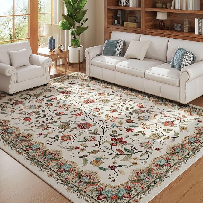 Rugcomf Vintage Paisley Rugs for Living Room 8'x10' - Machine Washable Area Rug, Non-Slip Low Pile Large Floral Carpet for Bedroom, Dining Room, Farmhouse, Office, Kids Playroom - Beige