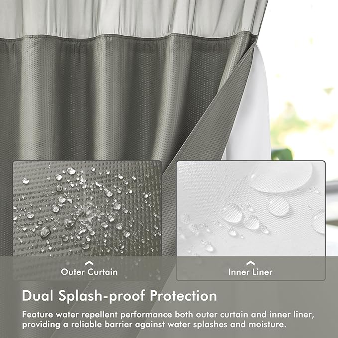 Mrs Awesome No Hook Shower Curtain with Snap-in LinerLess Time On/Off, Embossed Waffle-Look Textured Fabric Shower Curtain for Bathroom, Soft & Lightweight, 71x74, Gray