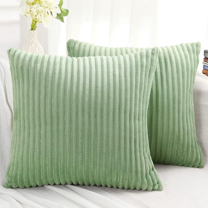 Simmore Decorative Throw Pillow Covers 18x18 Set of 2, Soft Natural Plush Flannel Double-Sided Fluffy Couch Pillow Covers for Sofa Living Room, Sage Green