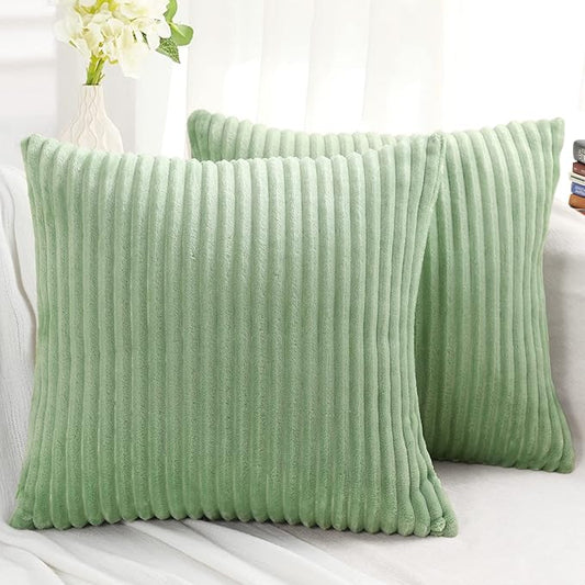 Simmore Decorative Throw Pillow Covers 18x18 Set of 2, Soft Natural Plush Flannel Double-Sided Fluffy Couch Pillow Covers for Sofa Living Room, Sage Green
