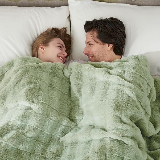 Cozy Bliss Fluffy Faux Fur Blanket King Size for Bed, Fuzzy Soft Striped Plush Blanket, Thick Throw for Bedroom Couch Gift, 108x90 Inches Sage Green