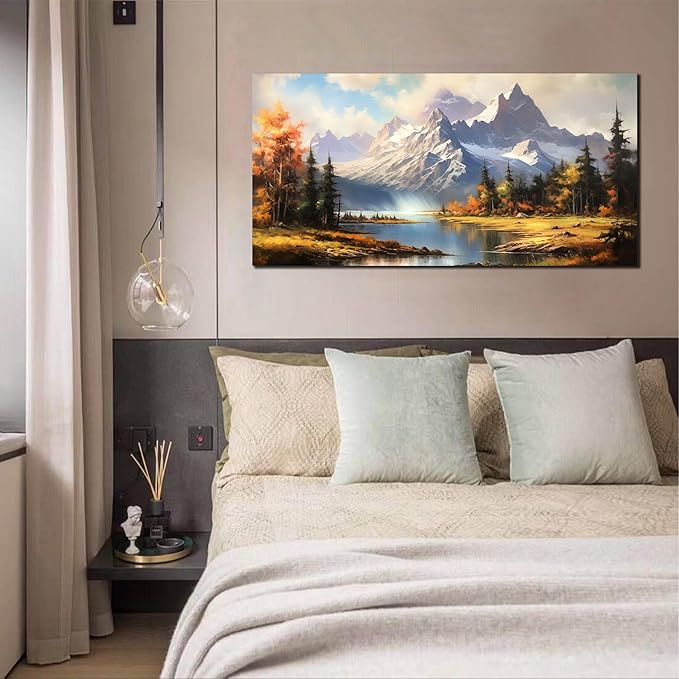 Mountain Wall Art for Living Room Bedroom Office Nature Wall Art Large Mountain Lake Forest Landscape Pictures Modern Artwork Framed Wall Decor Canvas Prints 24x48 Inch