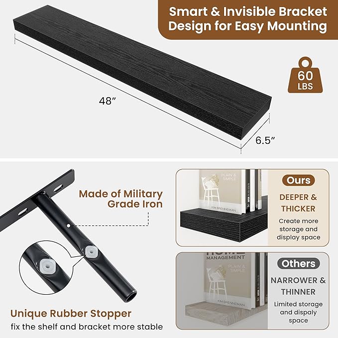 fuqing Floating Shelves for Wall, Bathroom Shelf Wall Mounted for Storage, Shelves with Invisible Bracket for Bedroom, Kitchen, Living Room, Farmhouse Small Book Shelf, 48 Inch Set of 2, Black