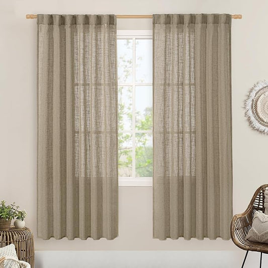 LAMIT Taupe 78 inch Linen Curtains for Living Room 2 Panels, Linen Textured Light Filtering Semi Sheer Back Tab and Rod Pocket Curtain Panels for Bedroom/Farmhouse, 52 x 78 Inch