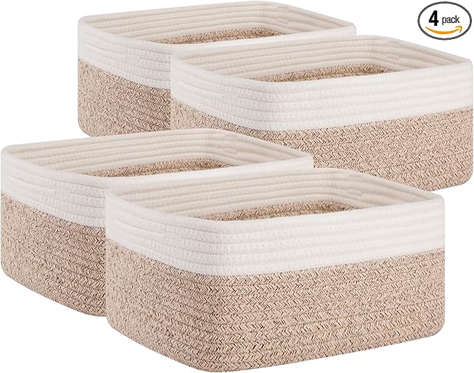 OIAHOMY 4 Pack Storage Baskets for Organizing, Small Bins for Shelves, Cute Decorative Storage Bins, Organizer Baskets for Gifts Empty, 13''Lx8.7''Wx5.1''H, Brown/White