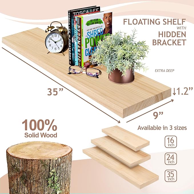 Sorbus Wood Floating Shelves for Wall - 35” Solid Wood Shelves for Bathroom Decor, Books, Bedroom & Living Room - Set of 2 Natural Wall Mounted Kitchen Shelves - Durable Solid Pine
