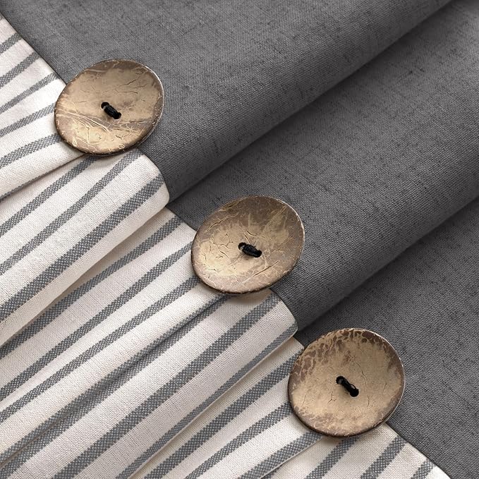 Awellife Farmhouse Grey Shower Curtain Button Linen Textured Woven Fabric,Pleated Grey Stripe,Country Style,72x72 Inch