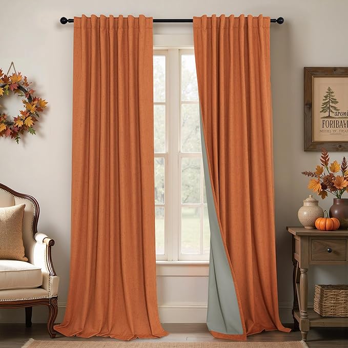 Burnt Orange Blackout Curtains for Living Room 108 Inches Long 2 Panels Back Tab Thermal Black Out Window Drapes for Bedroom Patio Sliding Glass Door Vertical Blinds Home Office Farmhouse Decor 52x108