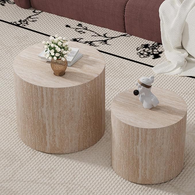 Round Coffee Table Set of 2 Modern Nesting Coffee Tables for Living Room Wave Stripe Round Coffee Table for Bedroom Office No Need Assembly (J)