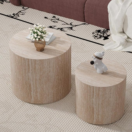 Round Coffee Table Set of 2 Modern Nesting Coffee Tables for Living Room Wave Stripe Round Coffee Table for Bedroom Office No Need Assembly (J)