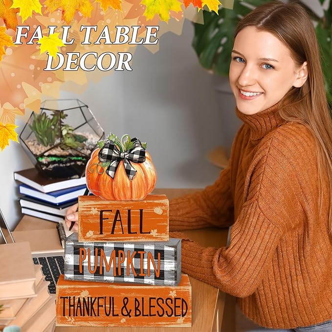 4 Pcs Fall Decor for Home Buffalo Plaid Pumpkin Wooden Signs with Blessed Autumn Tiered Tray Decor Grid Pumpkin Tabletop Centerpiece Fall Block Signs for Thanksgiving Office Kitchen Shelf
