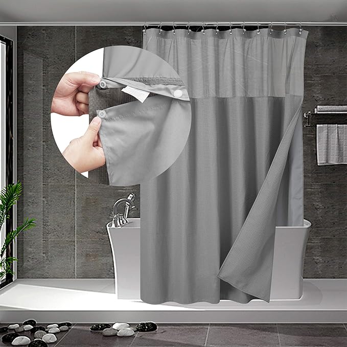 N&Y HOME Waffle Weave Shower Curtain with Snap-in Fabric Liner Set, 12 Hooks Included - Grey Shower Curtain Hotel Style, Water-Repellent & Washable, Mesh Top Window - 71x72, Gray