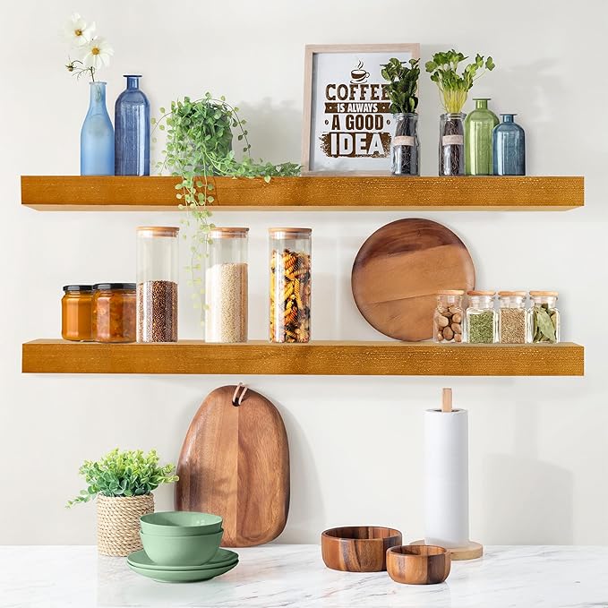 Sorbus 35' Maple Wood Floating Shelves - Set of 2, Solid Pine, Wall Mounted, Rustic Style, Bathroom & Bedroom