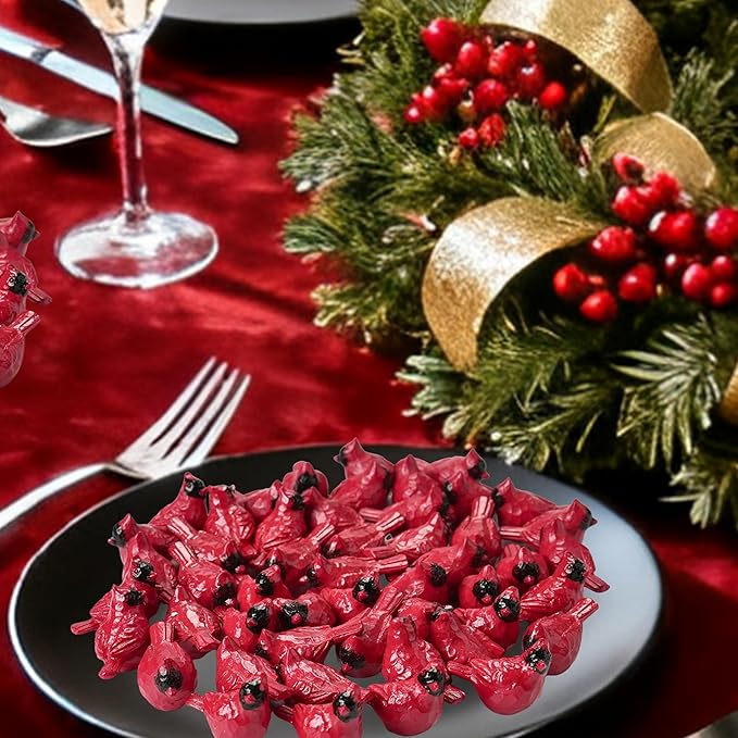 50PCS Small Cardinal Figurines for Christmas, Mini Cardinals, Resin Red Birds Miniatures, Festive Decor for Tree, Wreaths, Village Displays, Trays, Holiday Crafts