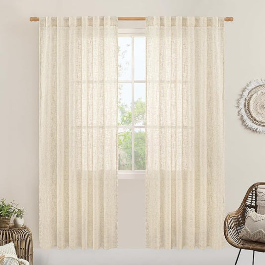 LAMIT Beige Linen Curtains for Doorway Living Room 2 Panels Set, 80 Inch Faux Linen Textured Light Filtering Drapes Back Tab and Rod Pocket Boho Panels for Bedroom/Porch, 52 x 80 Inch