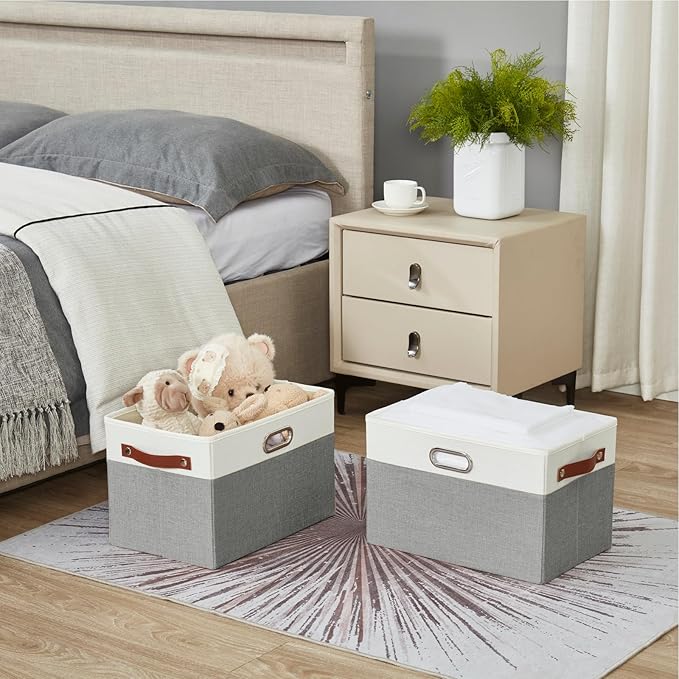 Large Collapsible Fabric Storage Bins with 3 Handles, Foldable Organizer Baskets for Closet, Shelves, Living Room | 3 Pack, Durable PU & Metal Handles (14.9"x9.8"x9.8", Gray & White)