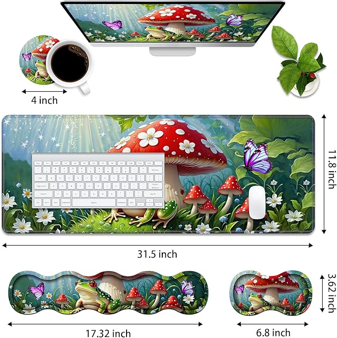 4 in 1 Ergonomic Memory Foam Mouse Pad Wrist Rest Set, Large XXL Gaming Desk Pad + Keyboard Wrist Rest + Mouse Wrist Cushion + Coaster for Home Office Study Gaming, Frog Mushroom Butterfly