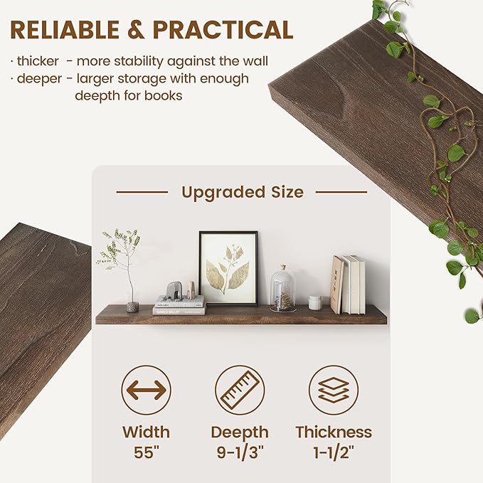 Rustic Elm Wood Floating Shelf for Wall, Flat Edge 55"W x 9.2"D x 1.4"H, 1 Pack with Invisible Bracket, Large Wall Mounted Storage Shelf for Living Room Bedroom Kitchen Bathroom Decor, Walnut Finish