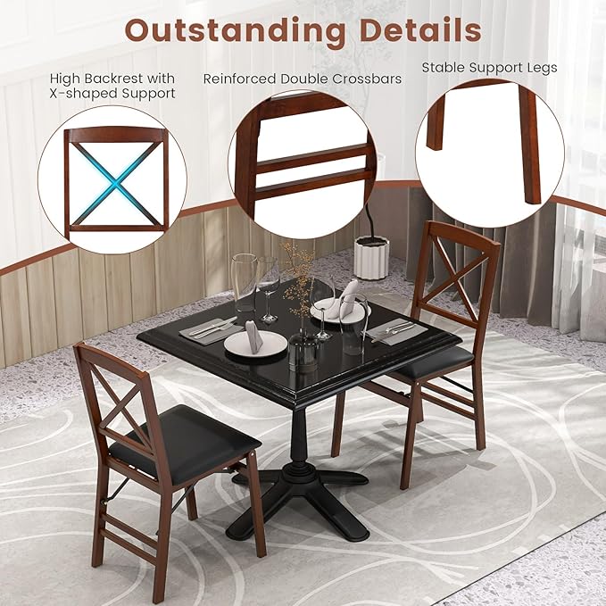 COSTWAY Folding Dining Chairs Set of 4, Upholstered Wooden Dining Room Chairs with X-Shaped Back, 400LBS Capacity and Solid Wood Frame for Kitchen Apartment (Brown & Black)