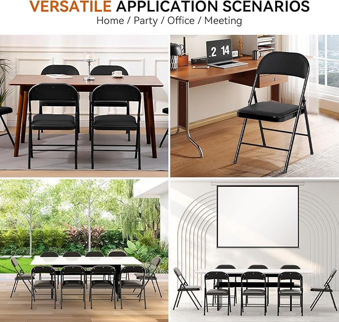 6 Pack Folding Chairs with Paded Cushion - Metal Chair with Sturdy Steel Frame 450lb Capacity and Comfortable Seat Heavy Duty Foldable Chair for Indoor/Outdoor Party, Wedding, Event(Black)