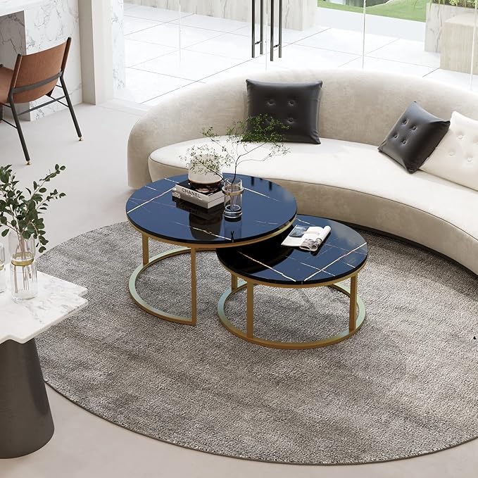 WiberWi Round Coffee Table Nesting Tables Set of 2, Large : Ø 34.0", Small : Ø 26.0", Modern Design Coffee Tables for Living Room, Gold Metal Frame Circle Cocktail Table, High Glossy Faux Black Marble