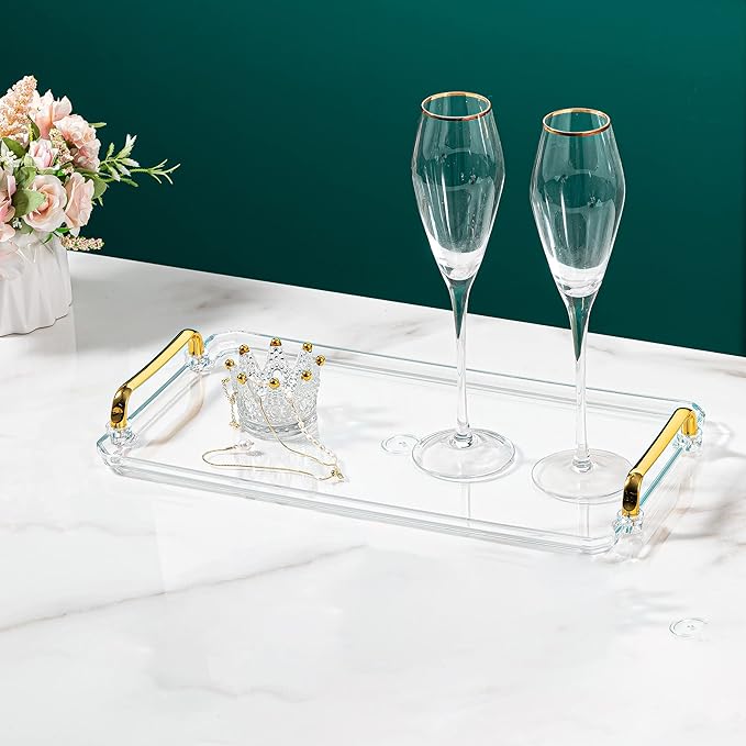 Acrylic Serving Tray with Handles Ottoman Countertop Decorative Tray Serving Tray Spill-Proof Tray for Coffee Table Living Room Bedroom 16 x 9 x 0.8 inches - (Transparent Color)