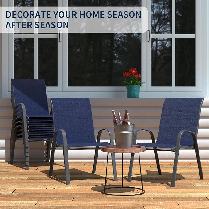 Amopatio Patio Chairs Set of 8, Outdoor Stackable Dining Chairs for All Weather, Breathable Garden Outdoor Furniture for Backyard Deck, Navy Blue