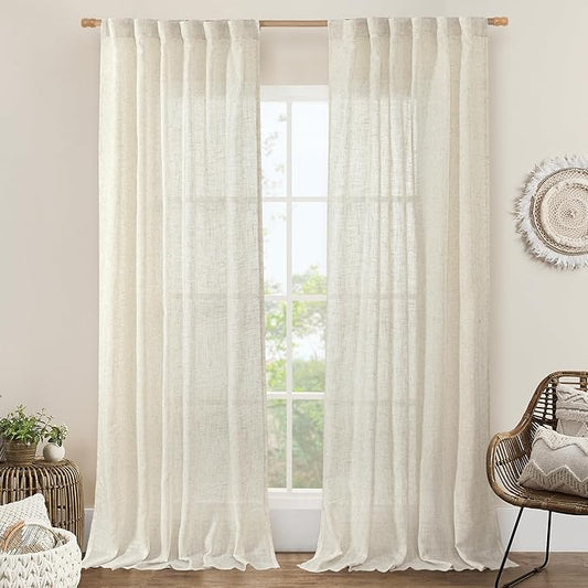 LAMIT 102 inch Long Linen Curtains 2 Panels for Living Room, Natural Cream Ivory Light Filtering Semi Sheer Linen Curtains Back Tab and Rod Pocket Neutral Drapes for Bedroom/Farmhouse, 52 x 102 Inch