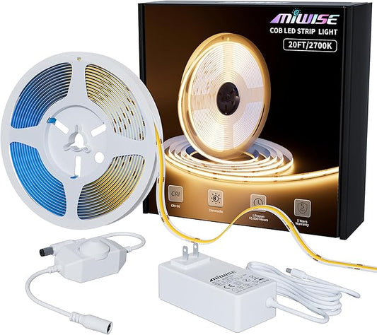 MIWISE COB LED Strip Light 20ft/6.1m,CRI 90+ Warm White 2700K High Lumen Dimmable Super Bright Flexible DC24V LED Tape Light with Controller/Dimmer,for Cabinet Home Office DIY Lighting Projects