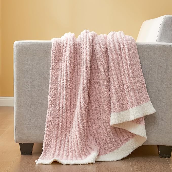 Snuggle Sac Fluffy Ribbed Blanket Pink Twin Size, Soft Luxurious Knit Throw, Fuzzy Plush Microfiber Blankets for Couch, Sofa, Bed, Pink, 60x80 inches