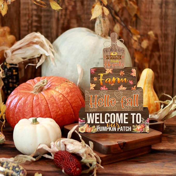 4 Pcs Fall Decorations for Home Farmhouse Tiered Tray Decor, Fall Kitchen Decor Rustic Wooden Cutting Board Block Sign Autumn Thanksgiving Harvest Tabletop Centerpieces for Home Table Indoor