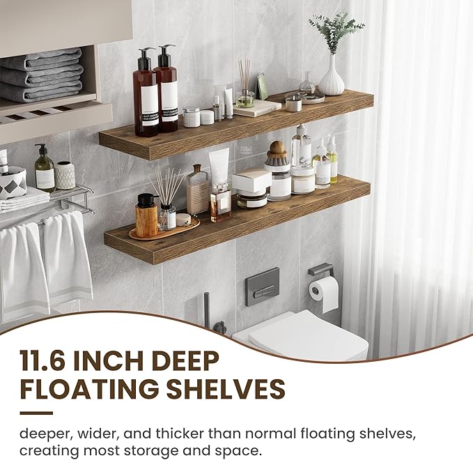 48 Inch Floating Shelves, 12 Inch Deep Floating Shelves for Wall, Floating Shelf with Invisible Brackets, Deep Wall Shelves for Bathroom, Bedroom, Living Room, 1 Pack, Brown