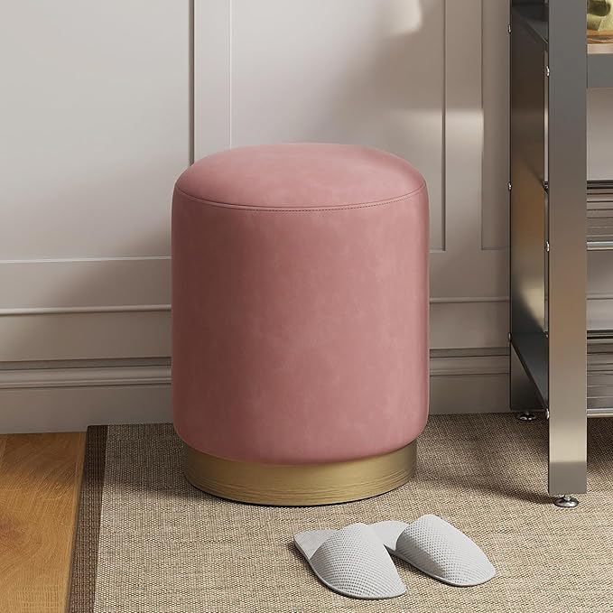 DAGONHIL Modern Round Pink Velvet Ottoman,Upholstered Floor Stools with Gold Plating Base,Accent Makeup Stool for Living Room,Bedroom and Kids Room,Pack of 1(Pink)