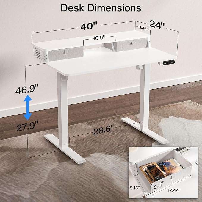 40 x 24 Inch Standing Desk with 2 Drawers, Easily Assembled Height Adjustable Desk, Ergonomic Sit to Stand Electric Desk for Home Office Workstation, White